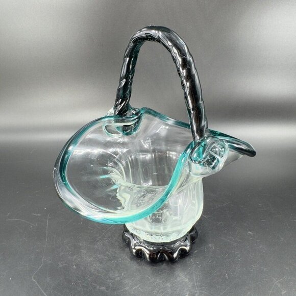 Hand Blown Glass Basket Bowl With Dark Green Edges Handle And Clear Center VTG - Picture 15 of 15